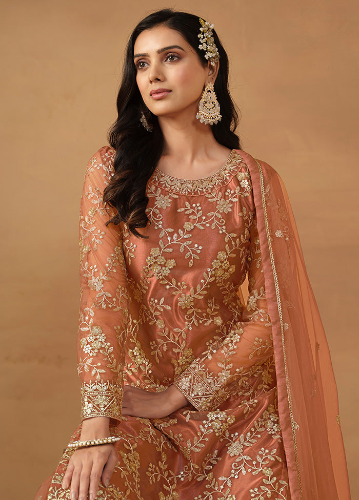 3 Pc Mustard Semi Stitched Net Suit Set - Indian Silk House Agencies