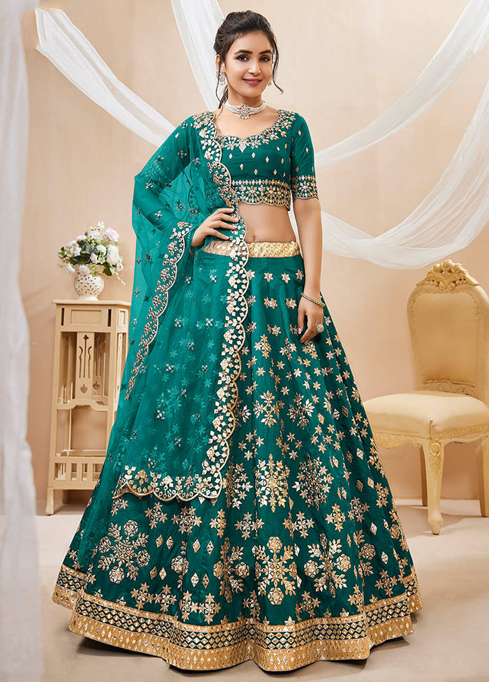 3 Pc Green Silk Semi Stitched Lehenga Set - Indian Silk House Agencies