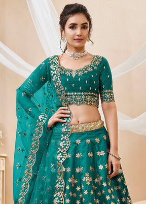 3 Pc Green Silk Semi Stitched Lehenga Set - Indian Silk House Agencies