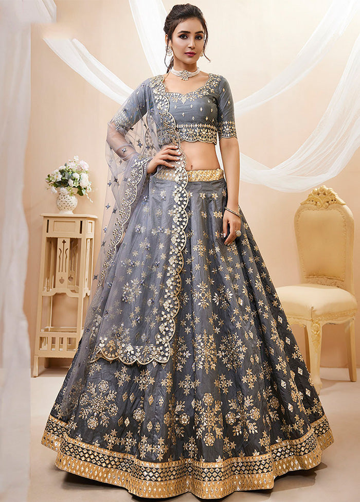 3 Pc Grey Silk Semi Stitched Lehenga Set - Indian Silk House Agencies