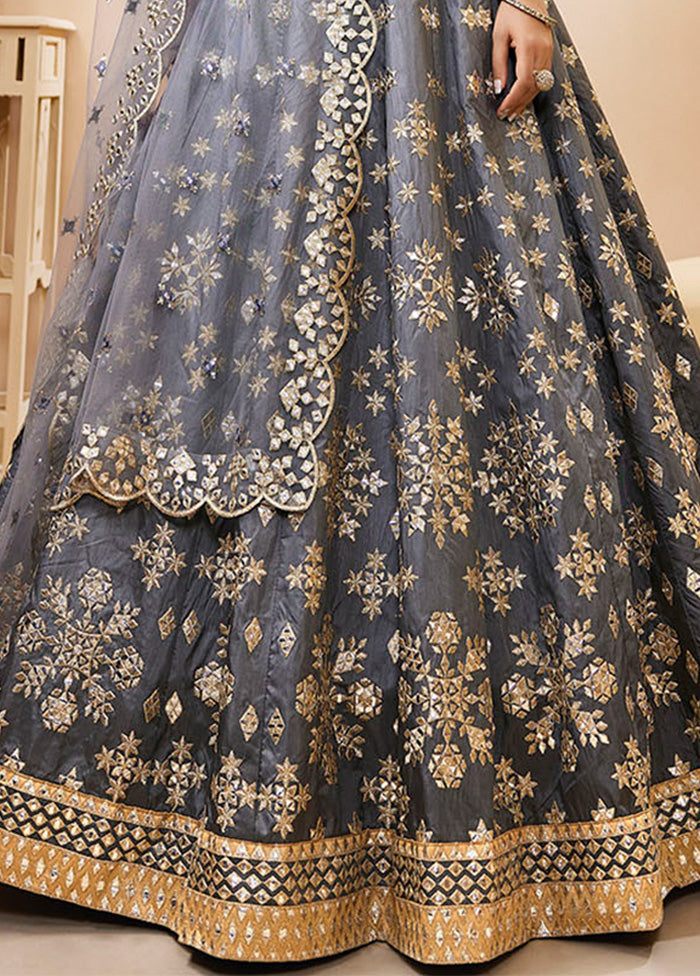 3 Pc Grey Silk Semi Stitched Lehenga Set - Indian Silk House Agencies