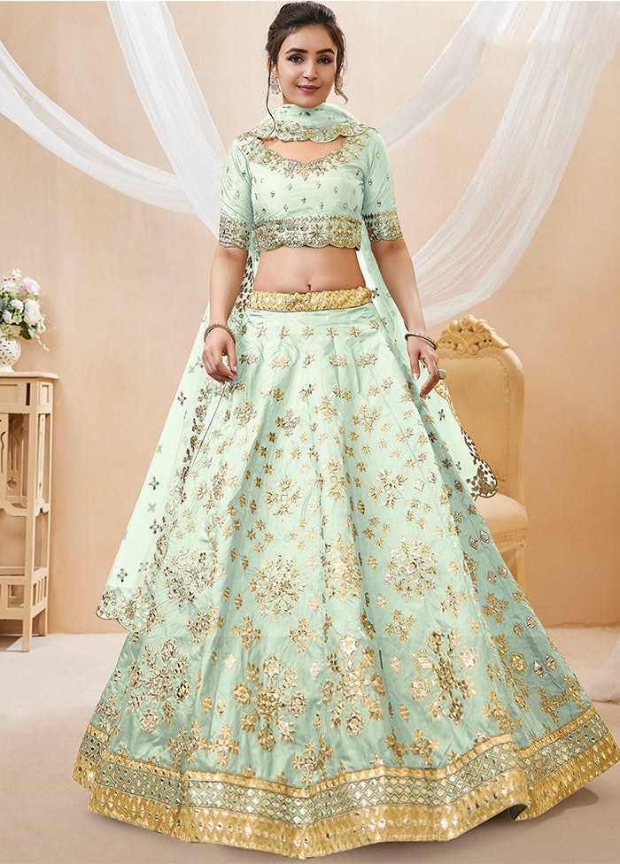 3 Pc Pista Green Silk Semi Stitched Lehenga Set - Indian Silk House Agencies