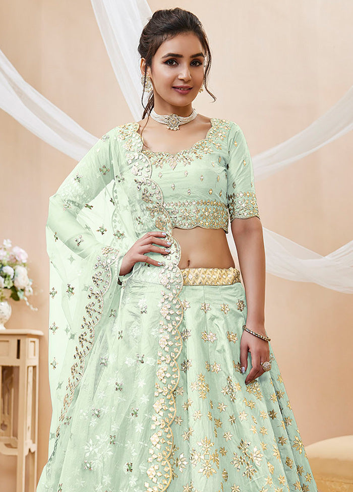 3 Pc Pista Green Silk Semi Stitched Lehenga Set - Indian Silk House Agencies