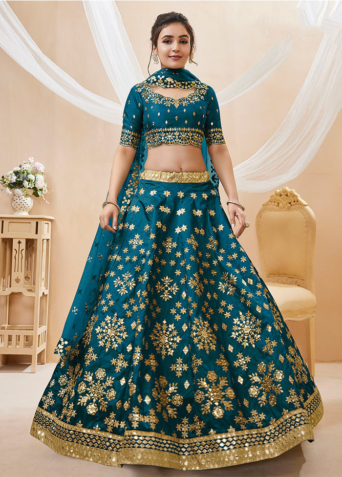 3 Pc Blue Silk Semi Stitched Lehenga Set - Indian Silk House Agencies