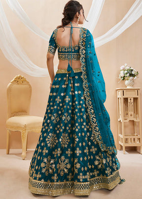 3 Pc Blue Silk Semi Stitched Lehenga Set - Indian Silk House Agencies