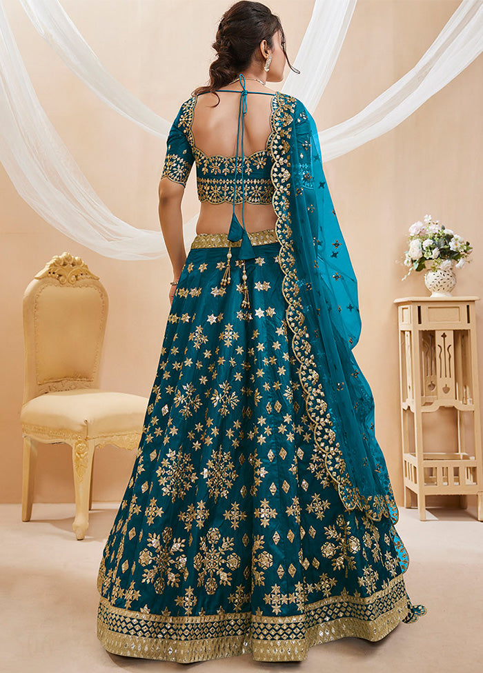 3 Pc Blue Silk Semi Stitched Lehenga Set - Indian Silk House Agencies