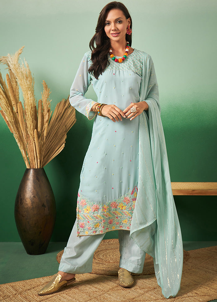 3 Pc Sky Blue Semi Stitched Georgette Suit Set - Indian Silk House Agencies