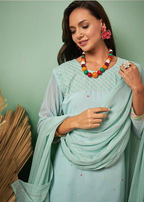 3 Pc Sky Blue Semi Stitched Georgette Suit Set - Indian Silk House Agencies