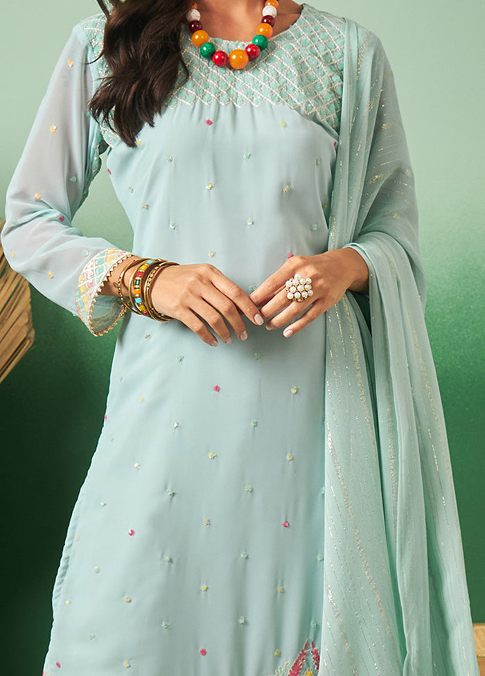 3 Pc Sky Blue Semi Stitched Georgette Suit Set - Indian Silk House Agencies