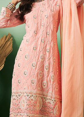 3 Pc Peach Semi Stitched Georgette Suit Set - Indian Silk House Agencies