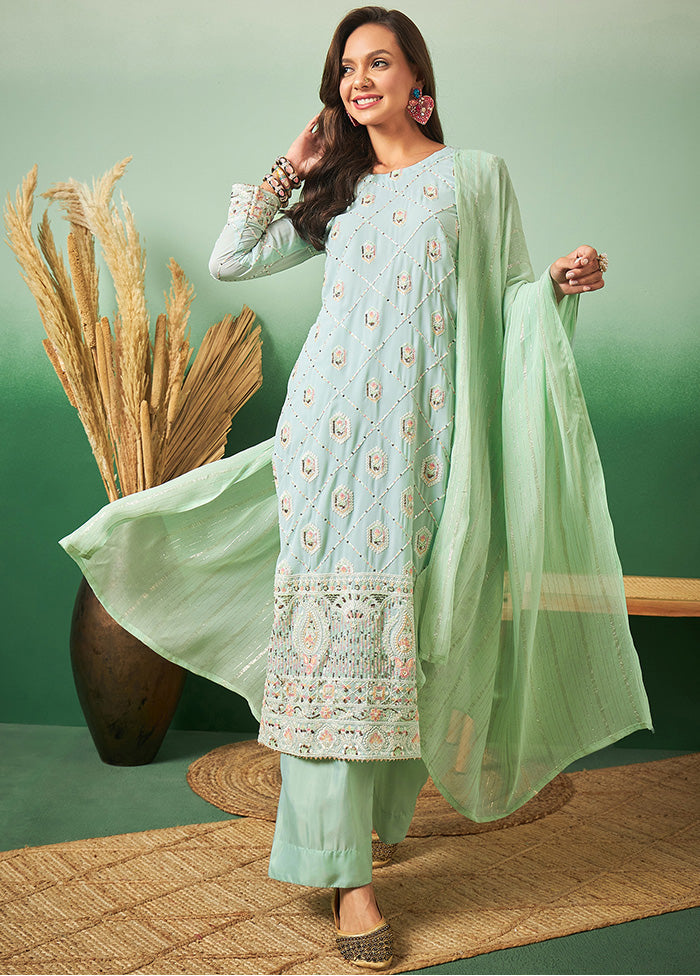 3 Pc Sea Green Semi Stitched Georgette Suit Set - Indian Silk House Agencies