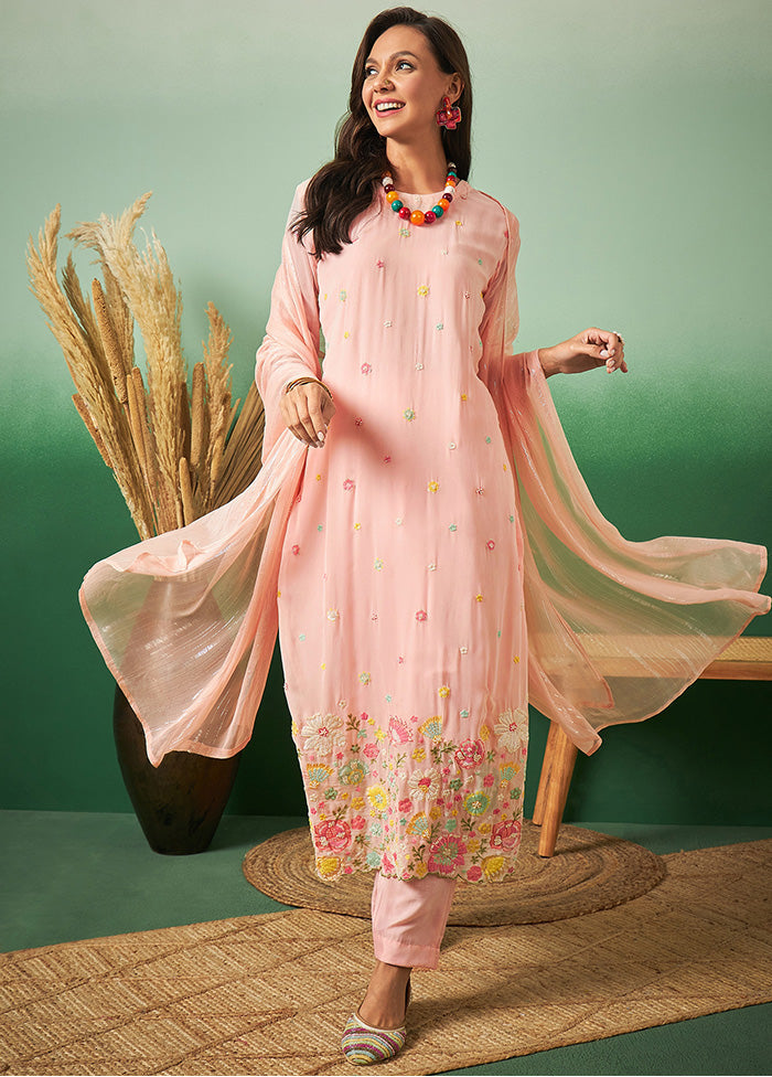 3 Pc Peach Semi Stitched Georgette Suit Set - Indian Silk House Agencies