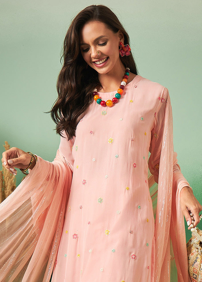 3 Pc Peach Semi Stitched Georgette Suit Set - Indian Silk House Agencies