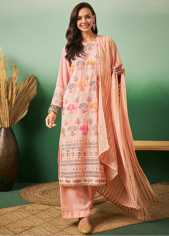 3 Pc Peach Semi Stitched Georgette Suit Set - Indian Silk House Agencies