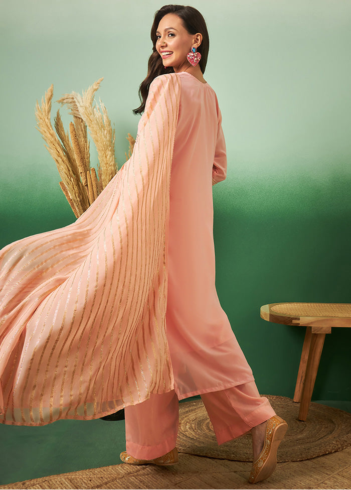 3 Pc Peach Semi Stitched Georgette Suit Set - Indian Silk House Agencies