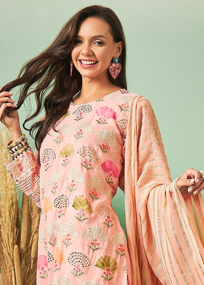 3 Pc Peach Semi Stitched Georgette Suit Set - Indian Silk House Agencies