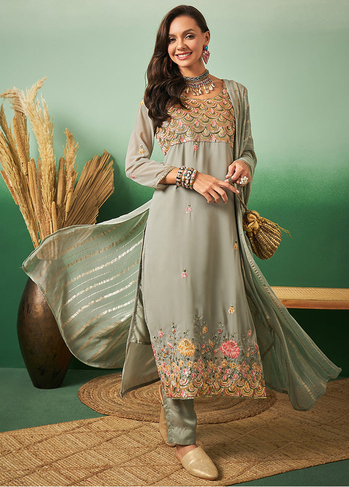 3 Pc Light Green Semi Stitched Georgette Suit Set - Indian Silk House Agencies