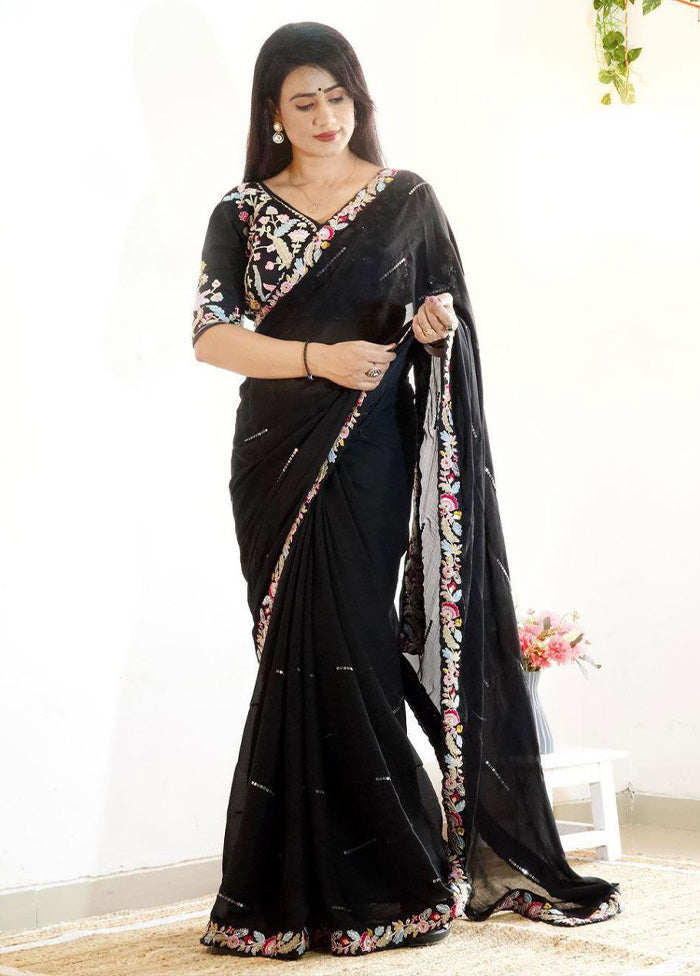 Black Spun Silk Saree With Blouse Piece