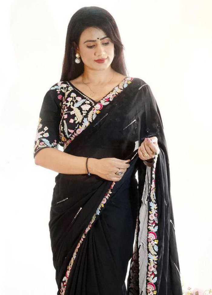 Black Spun Silk Saree With Blouse Piece