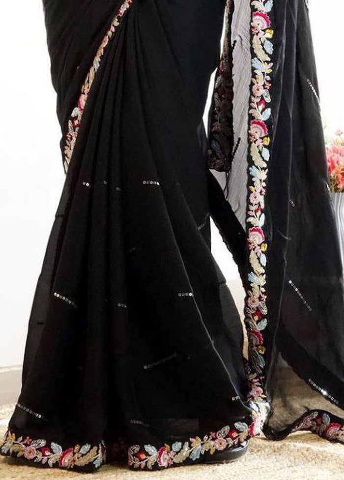 Black Spun Silk Saree With Blouse Piece