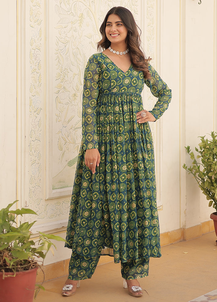 2 Pc Green Readymade Georgette Long Kurti Set