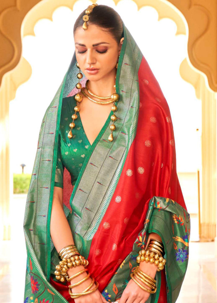 Red Dupion Silk Saree With Blouse Piece - Indian Silk House Agencies