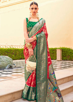 Red Dupion Silk Saree With Blouse Piece - Indian Silk House Agencies