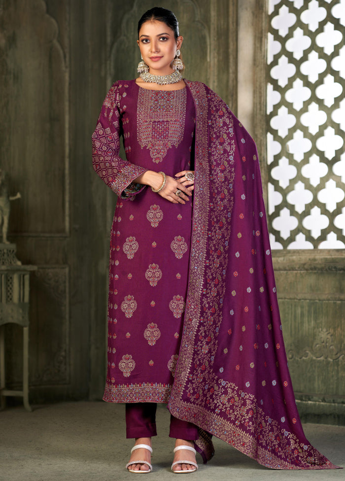 3 Pc Wine Semi Stitched Viscose Suit Set