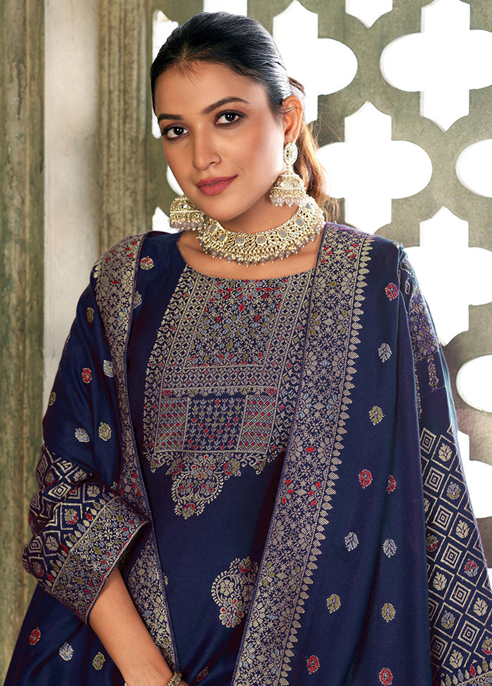 3 Pc Blue Semi Stitched Viscose Suit Set - Indian Silk House Agencies