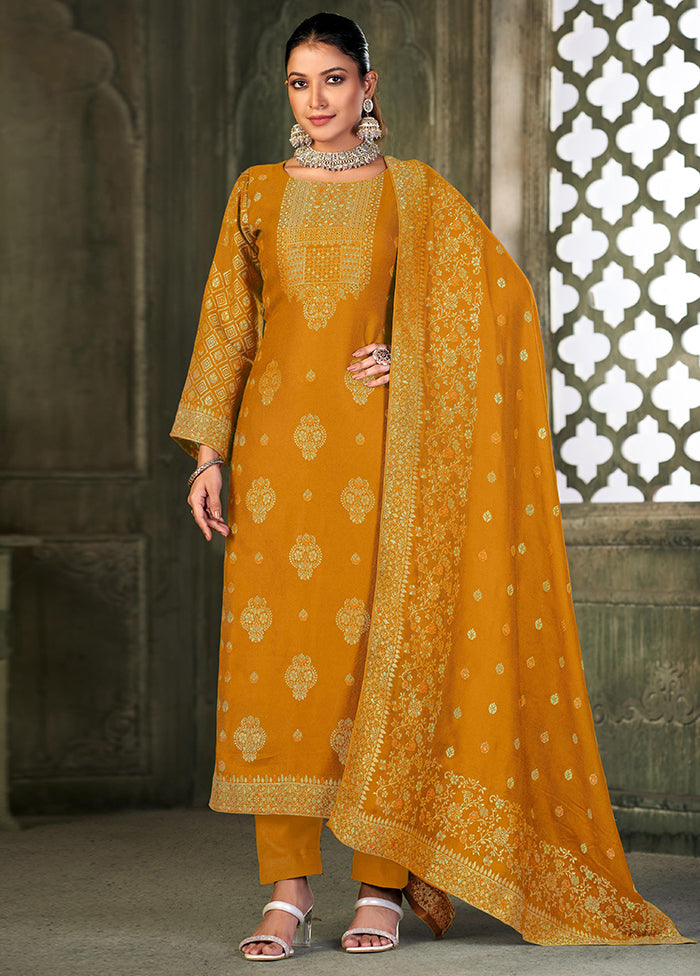 3 Pc Mustard Semi Stitched Viscose Suit Set