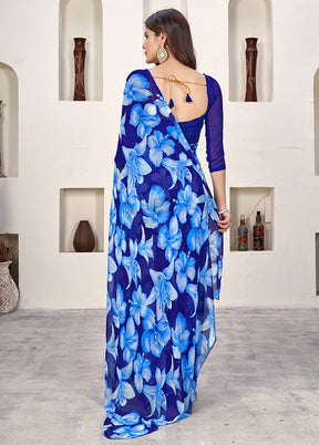 Blue Net Net Saree With Blouse Piece