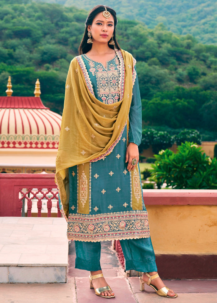 3 Pc Sky Blue Semi Stitched Silk Suit Set