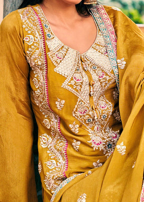 3 Pc Yellow Semi Stitched Silk Suit Set