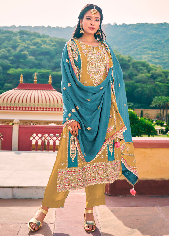 3 Pc Brown Semi Stitched Silk Suit Set - Indian Silk House Agencies