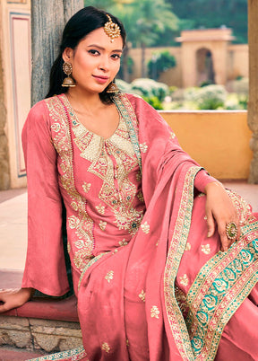 3 Pc Pink Semi Stitched Silk Suit Set