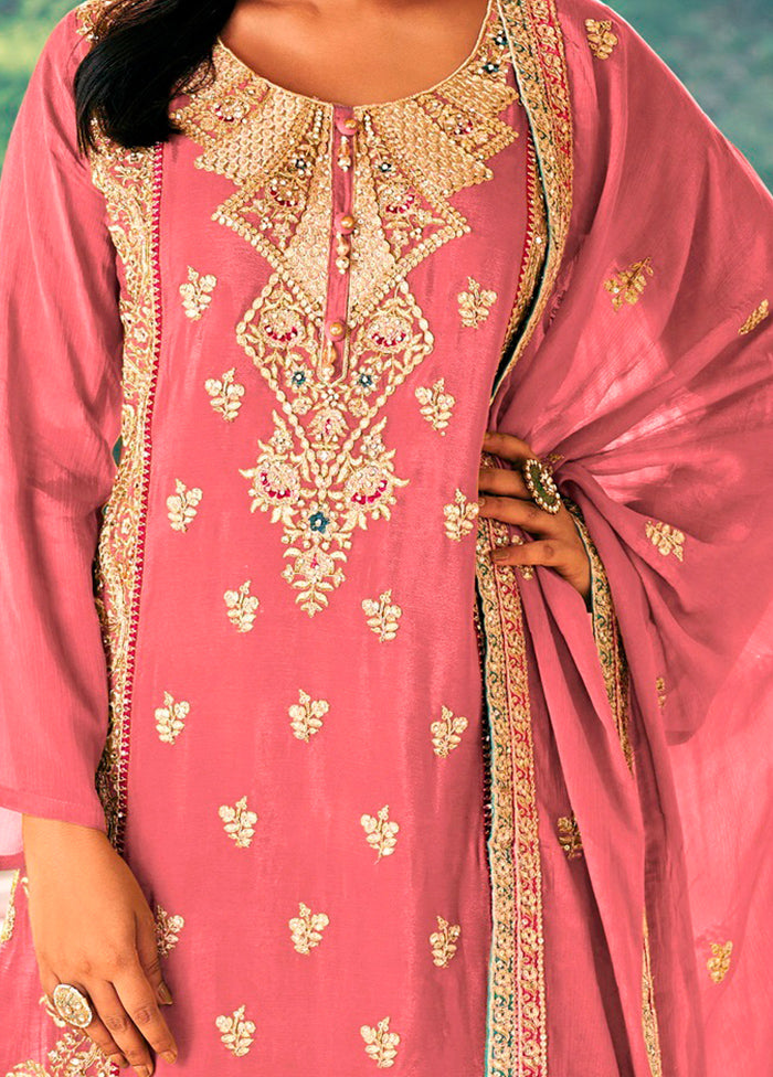 3 Pc Pink Semi Stitched Silk Suit Set