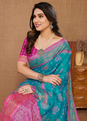 Blue Dupion Silk Saree With Blouse Piece