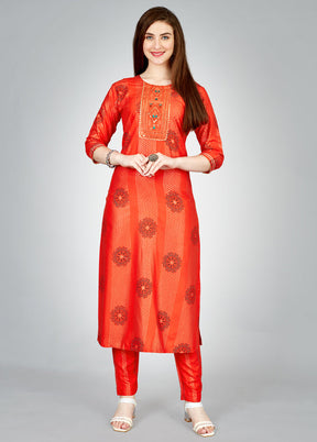 2 Pc Orange Readymade Rayon Kurti Set