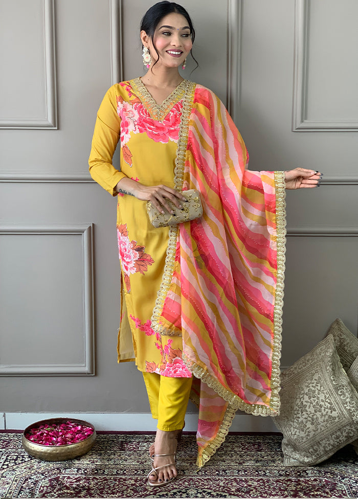 3 Pc Yellow Readymade Silk Suit Set - Indian Silk House Agencies