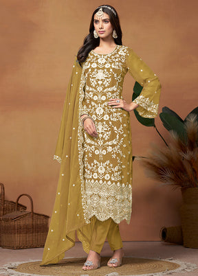 3 Pc Green Semi Stitched Net Suit Set