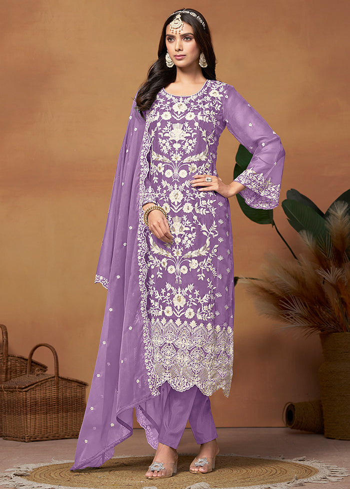 3 Pc Lavender Semi Stitched Net Suit Set