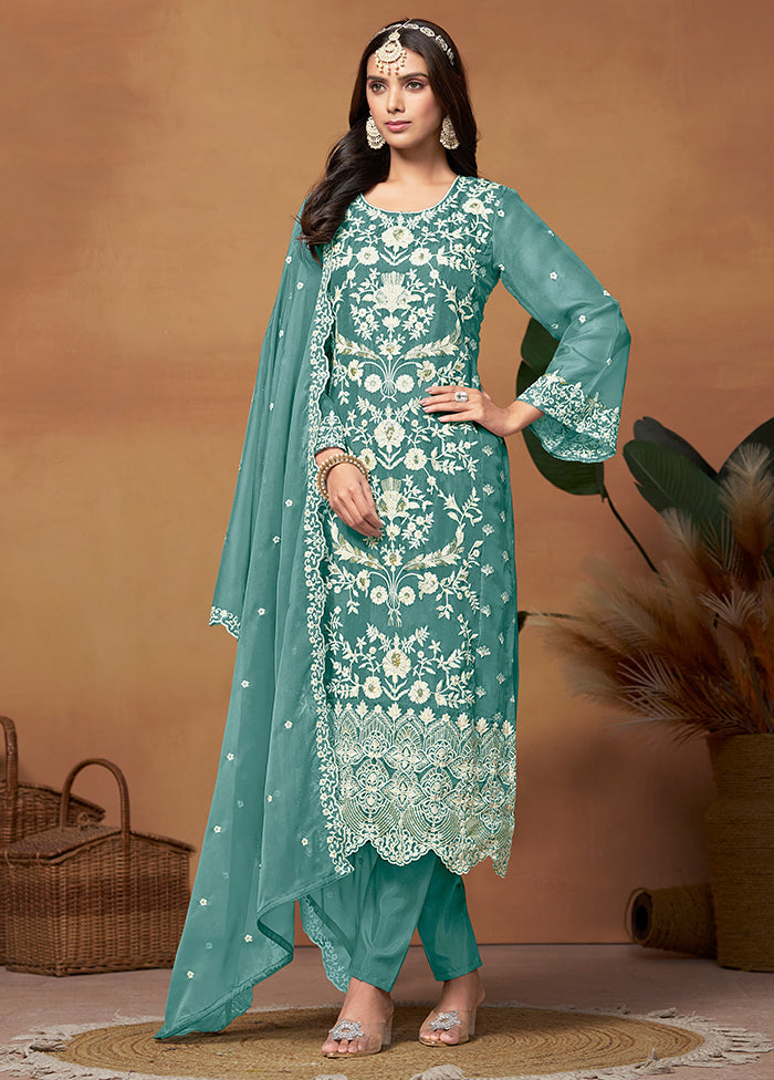 3 Pc Blue Semi Stitched Net Suit Set