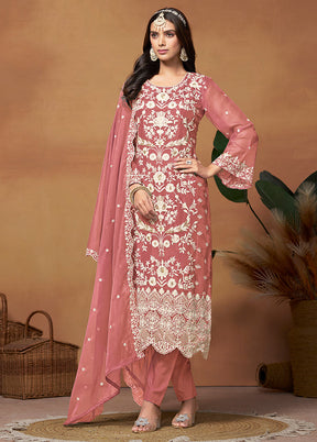 3 Pc Pink Semi Stitched Net Suit Set