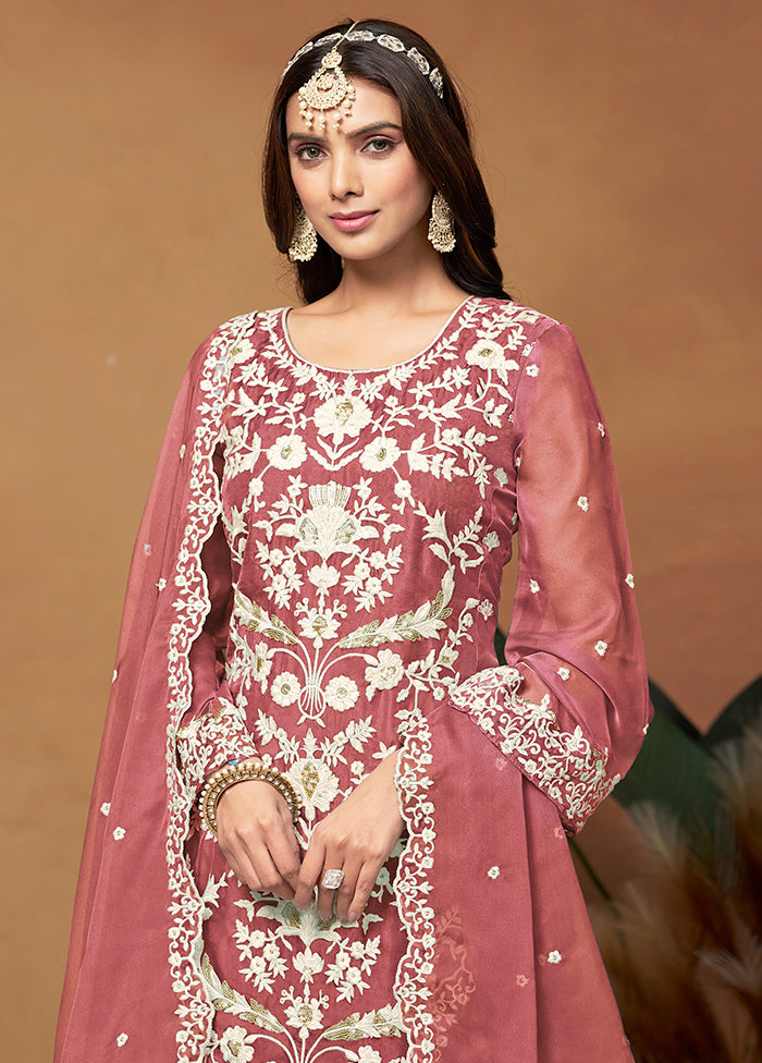 3 Pc Pink Semi Stitched Net Suit Set - Indian Silk House Agencies