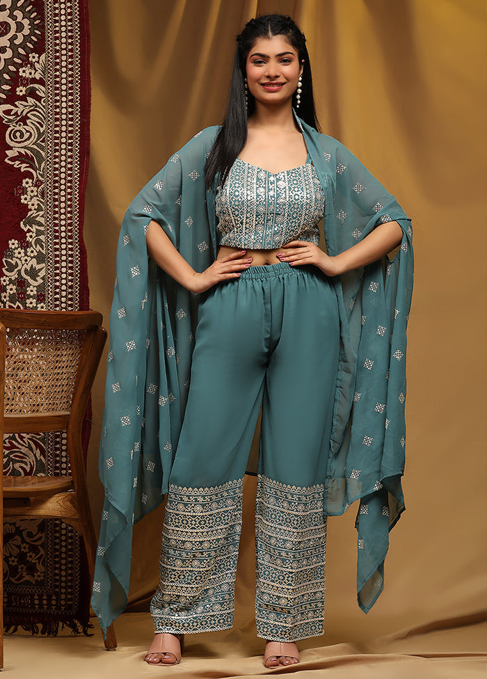 3 Pc Blue Readymade Georgette Suit Set - Indian Silk House Agencies