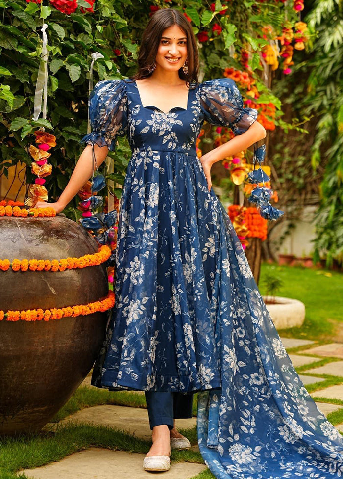 3 Pc Blue Readymade Silk Suit Set - Indian Silk House Agencies