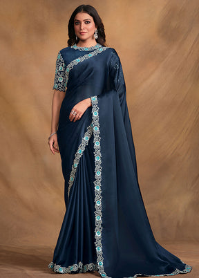 Teal Blue Satin Silk Saree With Blouse Piece