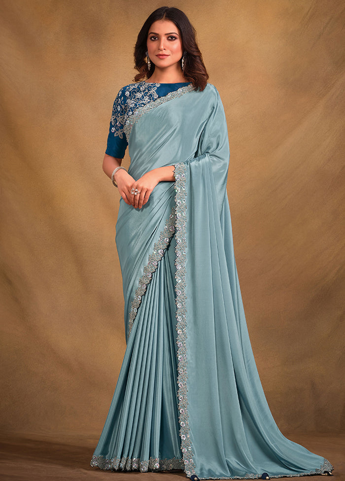 Sky Blue Dupion Silk Saree With Blouse Piece - Indian Silk House Agencies