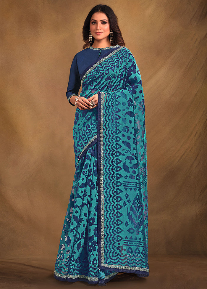 Blue Net Net Saree With Blouse Piece