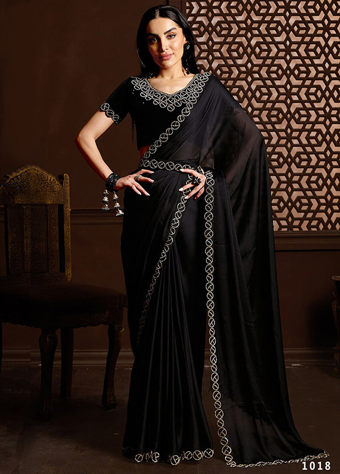 Black Satin Silk Saree With Blouse Piece